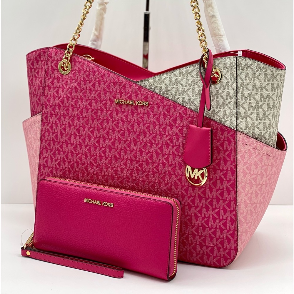 Michael Kors Jet Set Large Logo
Shoulder Bag Chain Tote And Wallet Set Pink - Picture 8 of 16